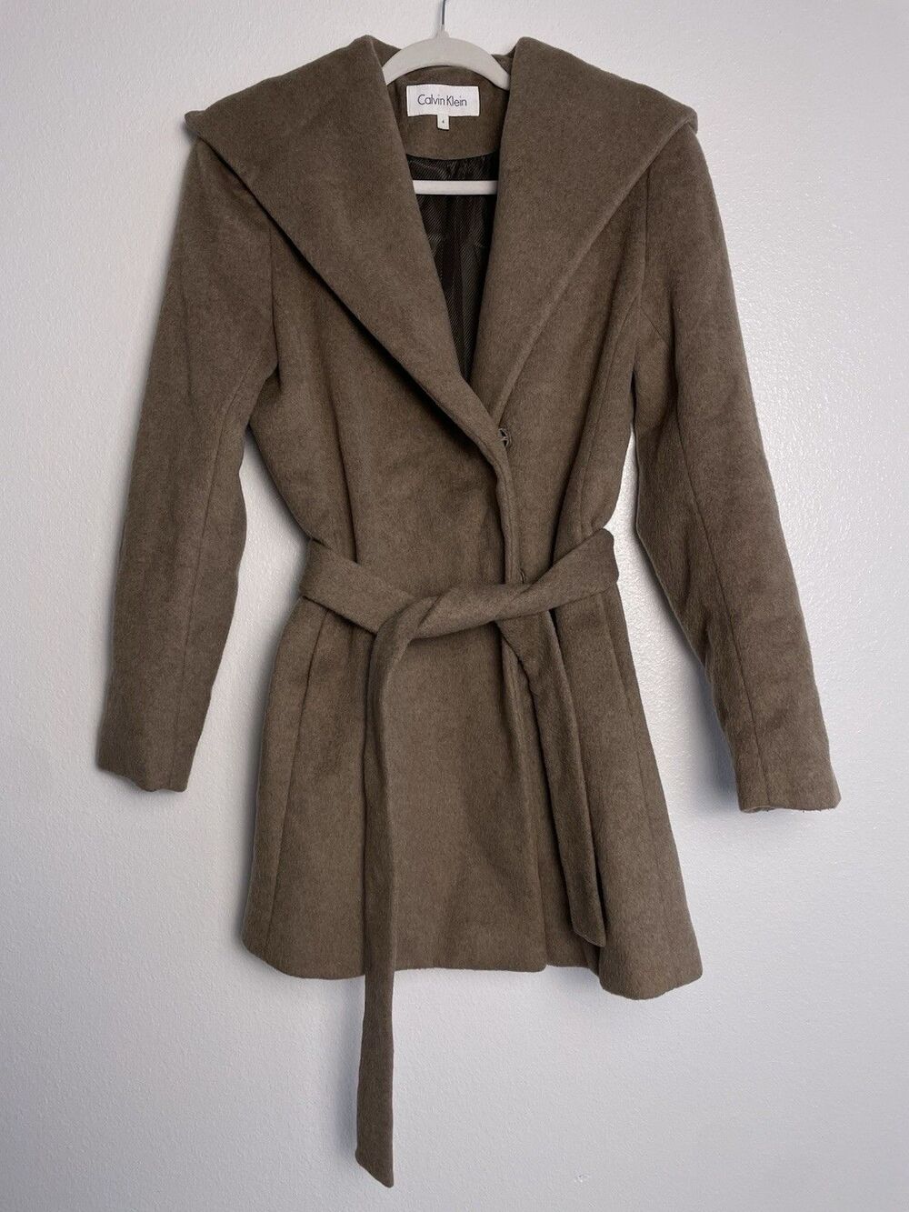 Calvin Klein Women Sz 4 Coat Wool Wrap Trench Brown Long Chic Minimalist Snap